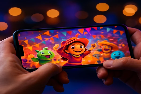 একজন ব্যবহারকারী স্মার্টফোনে আরামদায়কভাবে অনলাইন গেমিং উপভোগ করছেন