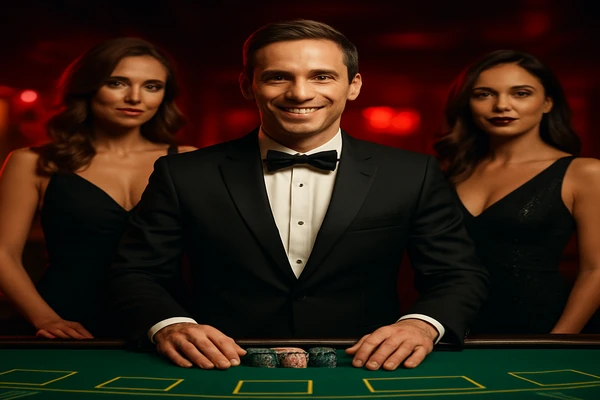 একজন পুরুষ অনলাইন গেমে জয় উদযাপন করছেন; চারপাশে গেমিং প্রতীকের ভাসমান দৃশ্য